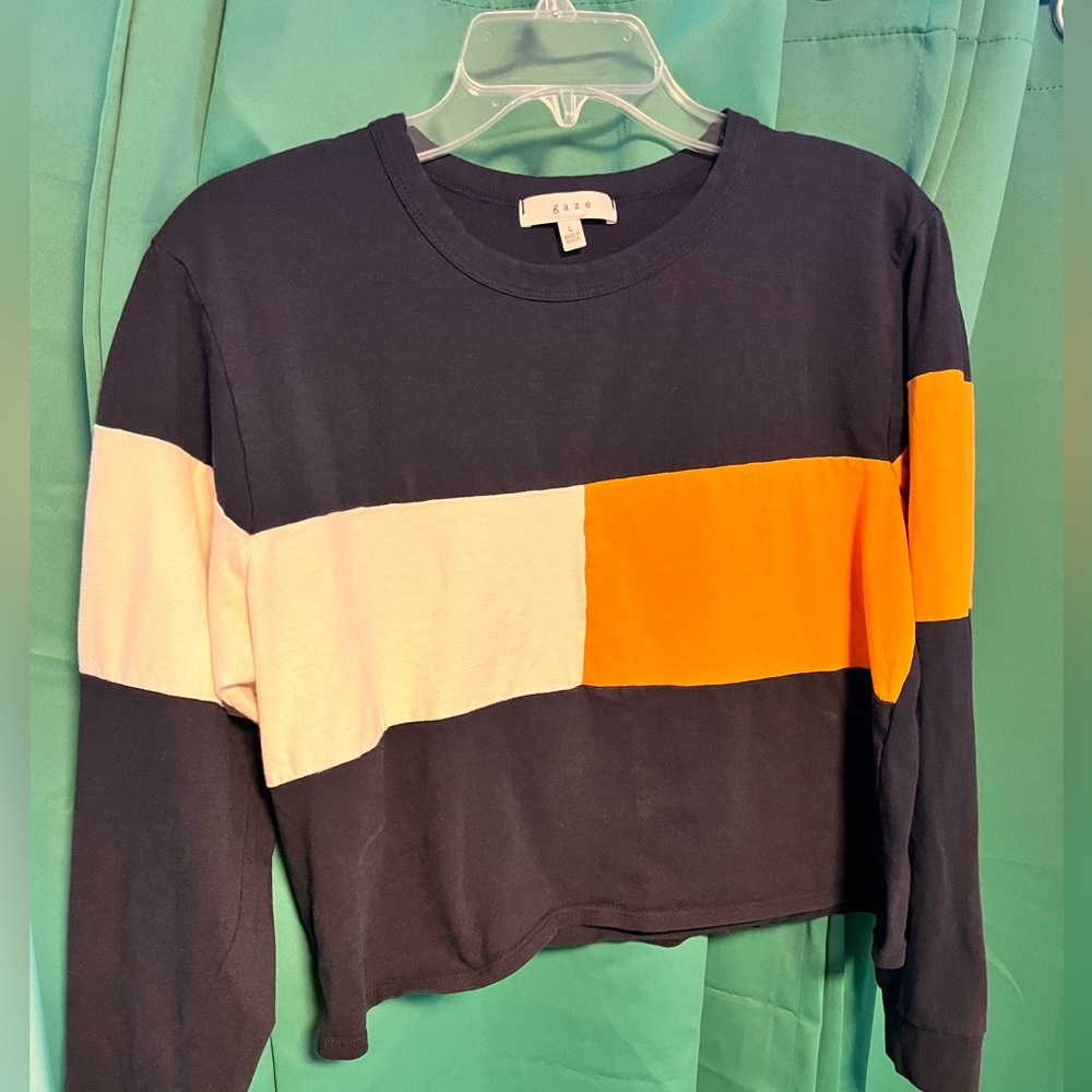 Gaze Women's Color Block Long Sleeve Crop Top LARGE Blue/White/Yellow